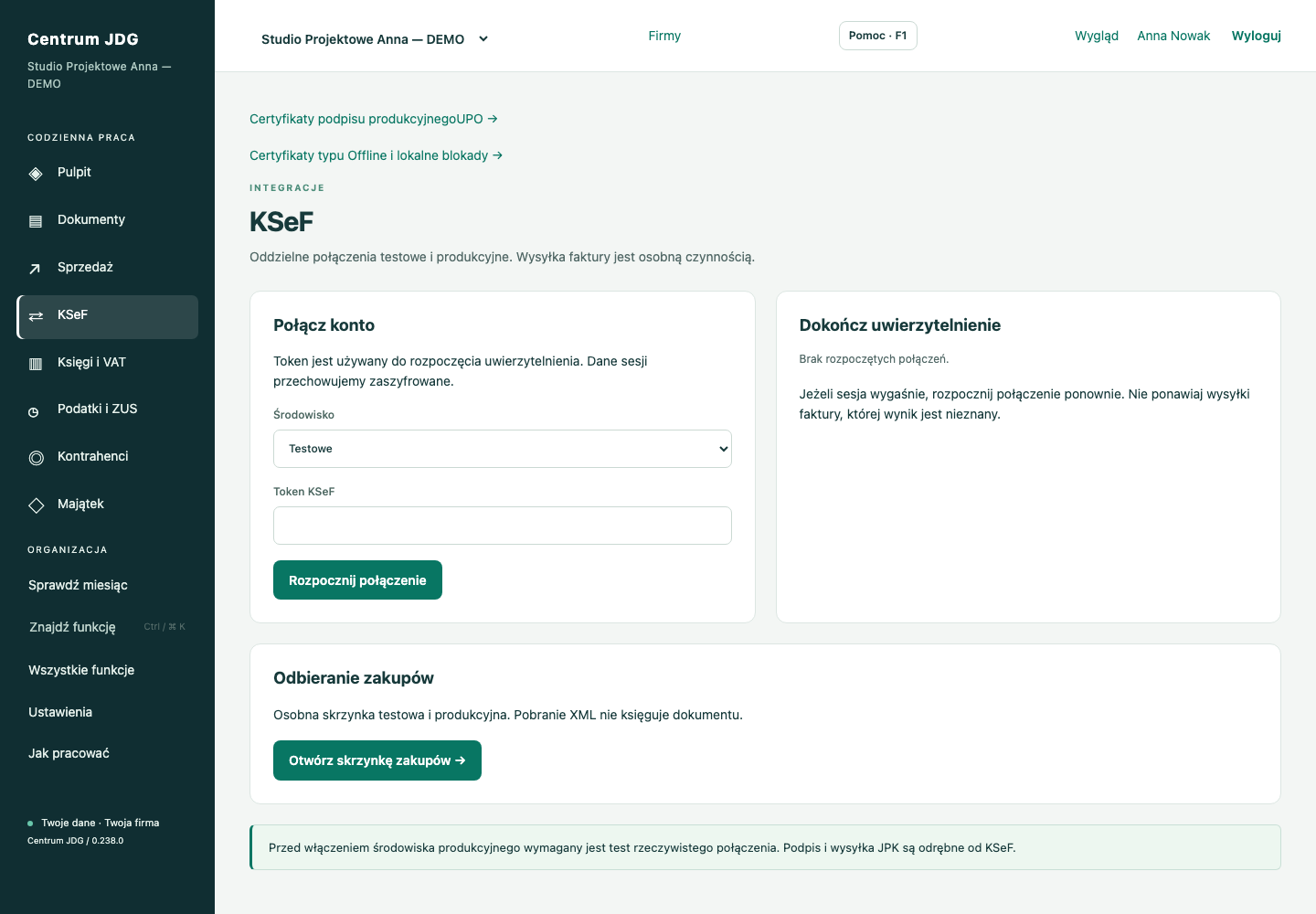 KSeF — rzeczywisty ekran Centrum JDG na fikcyjnych danych