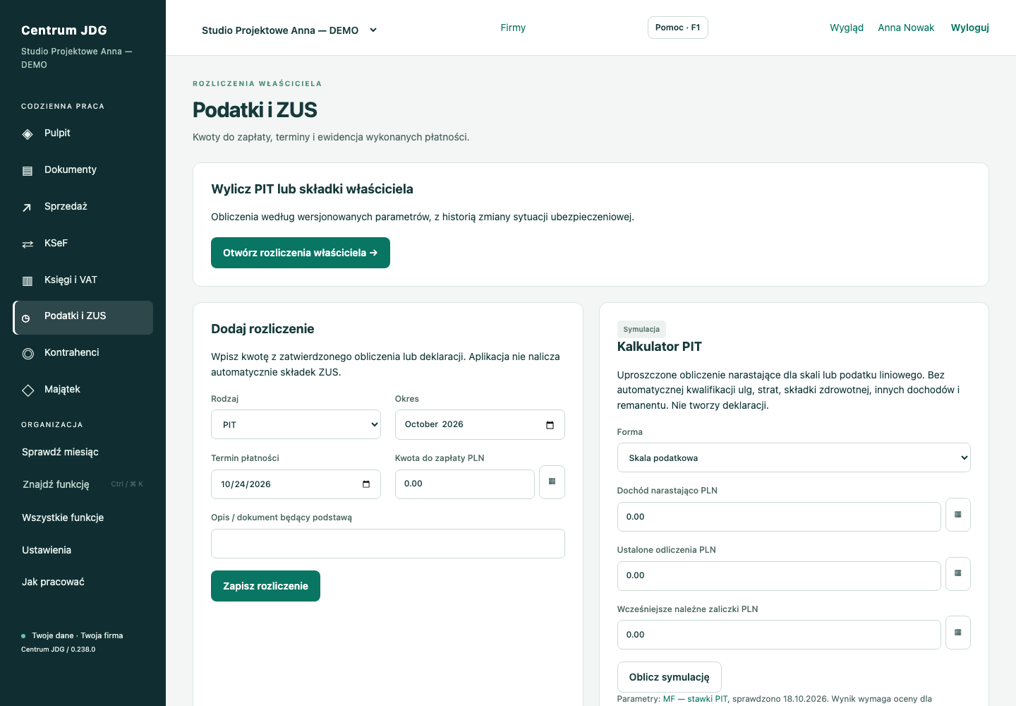 Podatki i ZUS — rzeczywisty ekran Centrum JDG na fikcyjnych danych