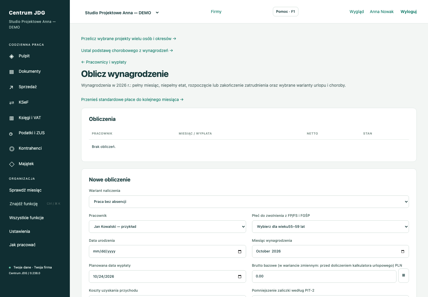 Wynagrodzenia — rzeczywisty ekran Centrum JDG na fikcyjnych danych