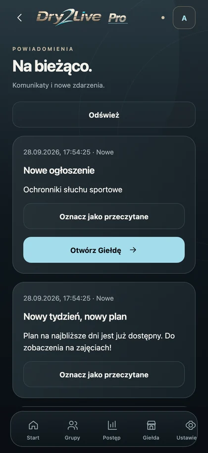 Dry2Live — powiadomienia i komunikaty