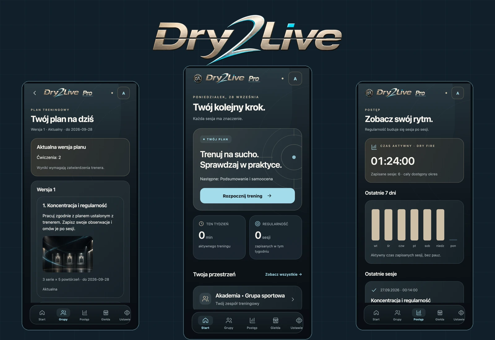 Dry2Live — rzeczywiste ekrany planu, startu i historii postępów