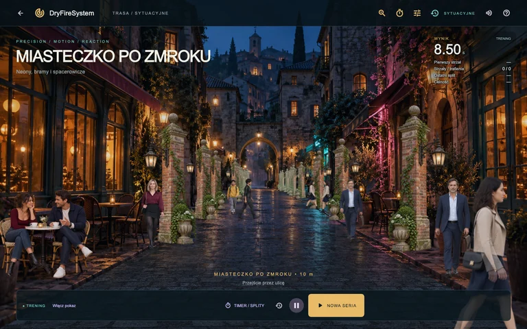 DryFireSystem — Miasteczko po zmroku, widok sceny treningowej