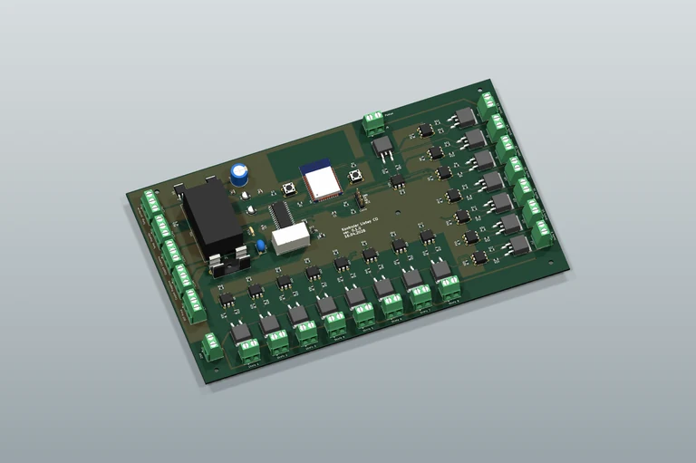 Kontroler listwy CO — wizualizacja 3D płytki PCB z elementami na neutralnym podłożu