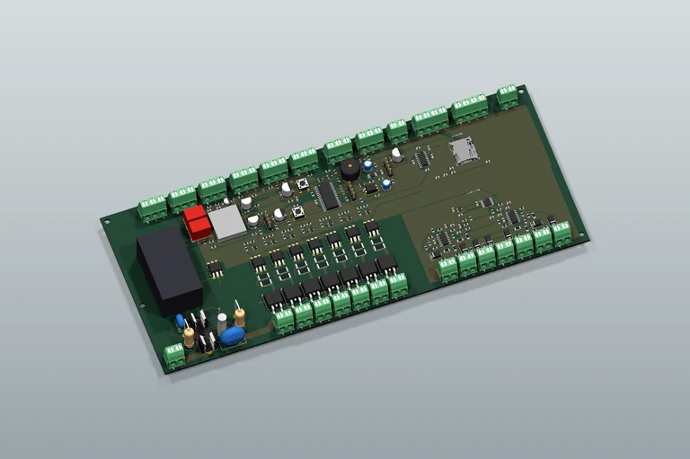 VELIO Air R3 — wizualizacja 3D płytki PCB z elementami na neutralnym podłożu