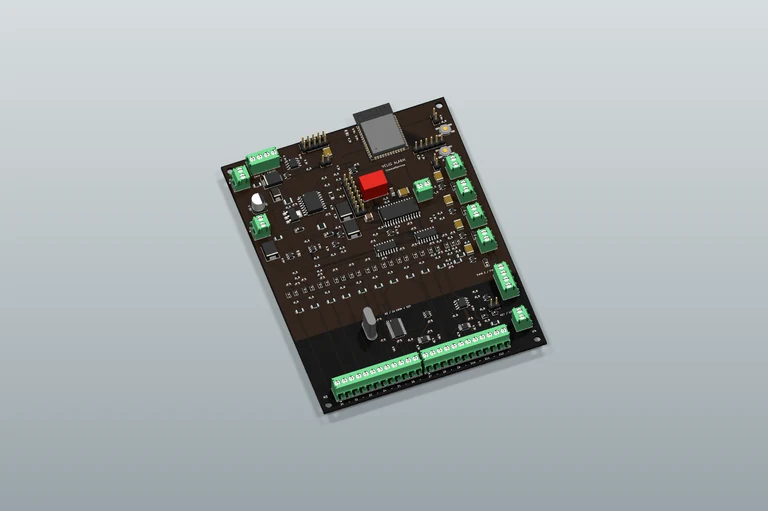 VELIO Alarm A2 — wizualizacja 3D płytki PCB z elementami na neutralnym podłożu