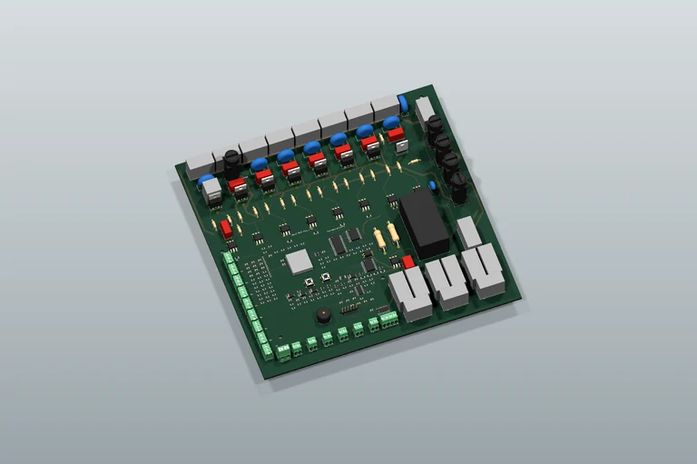 VELIO Heat Coal H2 — wizualizacja 3D płytki PCB z elementami na neutralnym podłożu