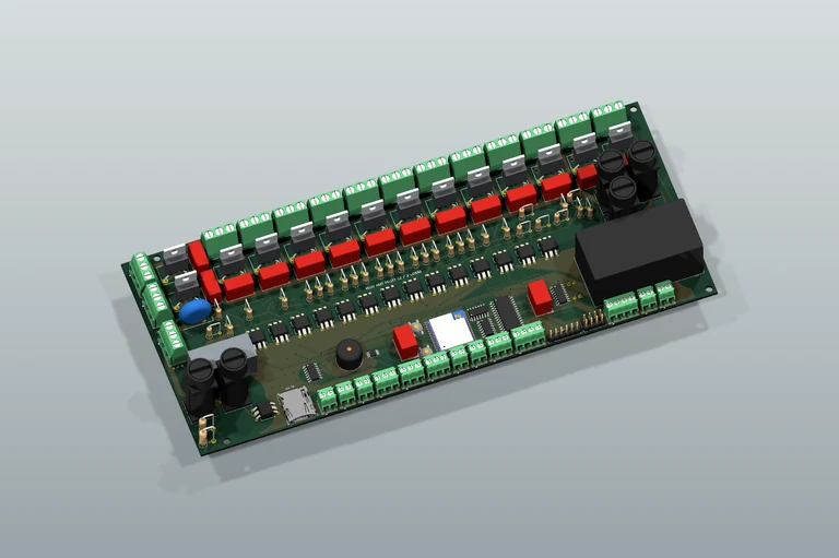 VELIO Heat Pellet — wizualizacja 3D płytki PCB z elementami na neutralnym podłożu