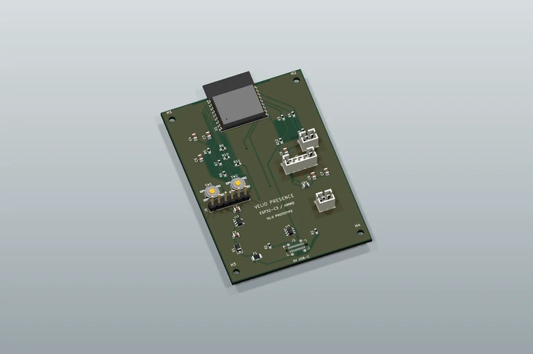 VELIO Presence — wizualizacja 3D płytki PCB z elementami na neutralnym podłożu