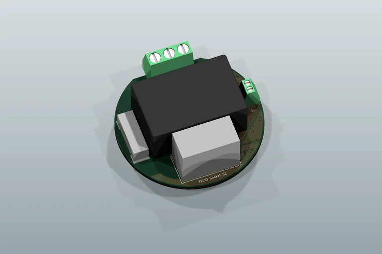 VELIO Socket S2 — wizualizacja 3D płytki PCB z elementami na neutralnym podłożu