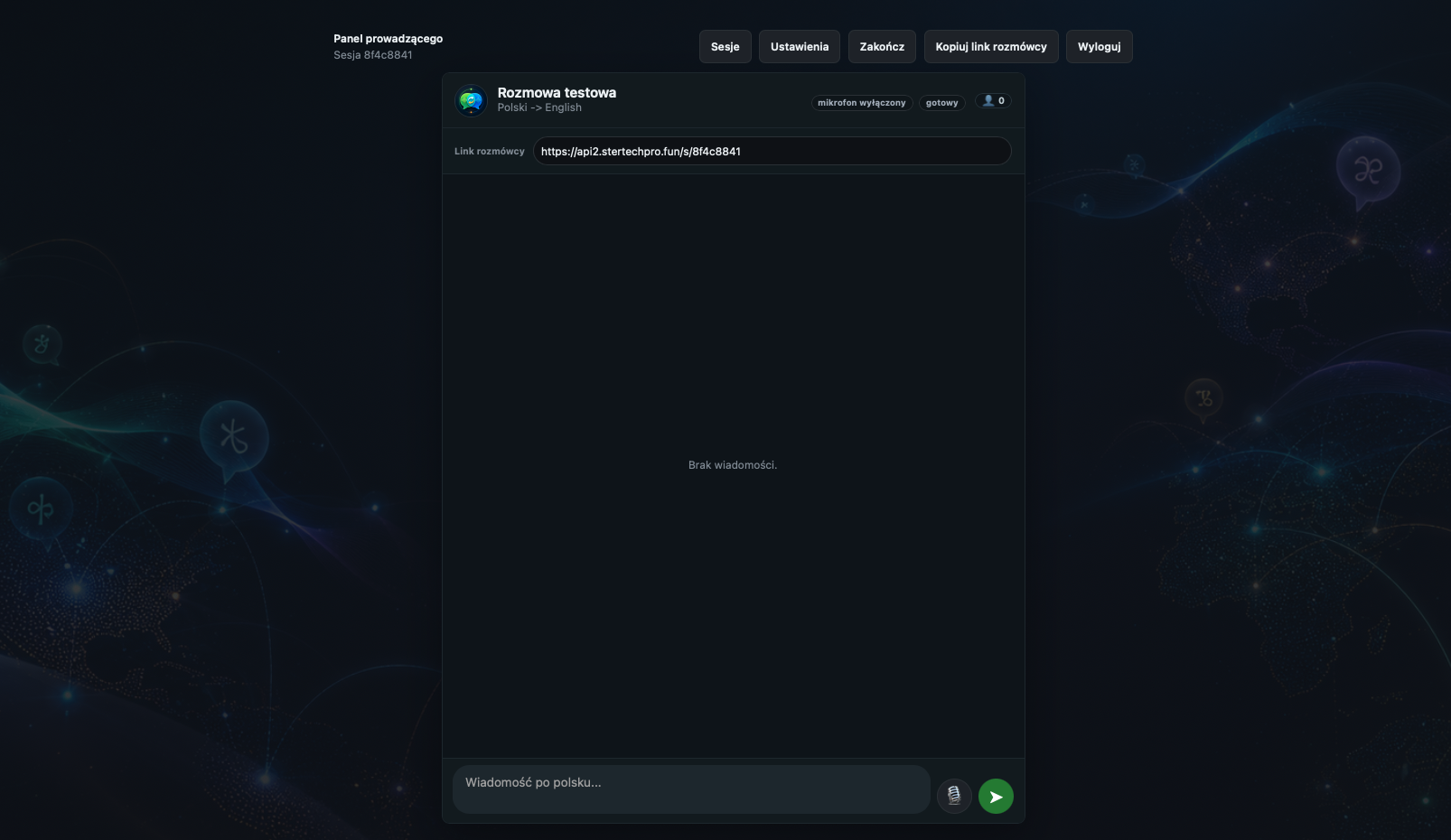 Aktywna sesja Lektor Live z prywatnym linkiem rozmówcy i polem wiadomości