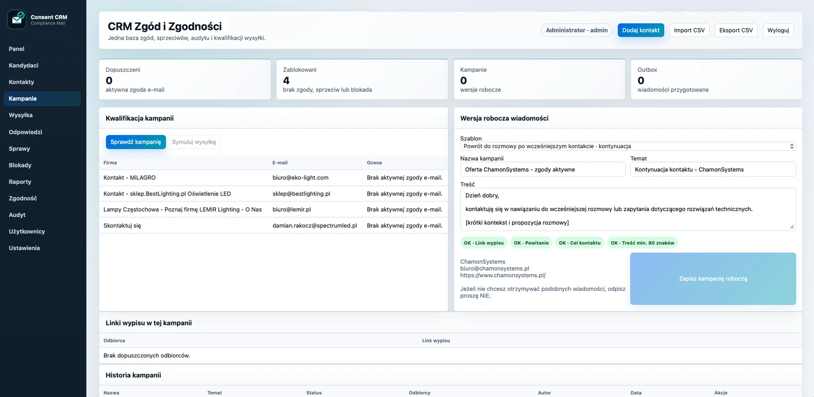 Kampanie i kwalifikacja odbiorców w Consent CRM