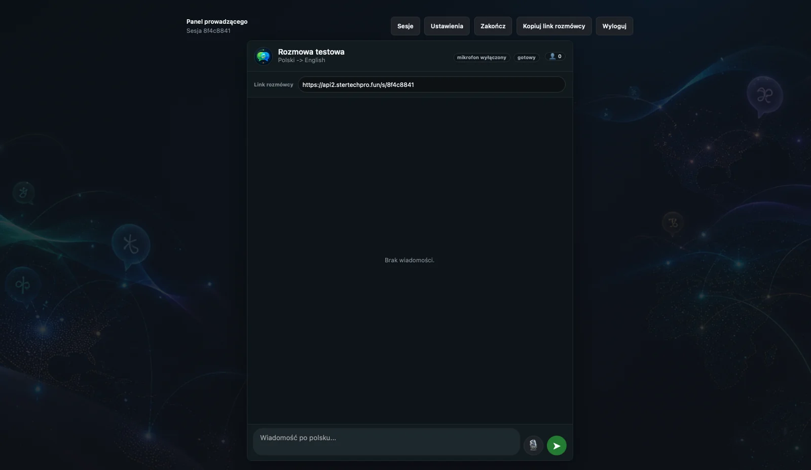 Aktywna sesja Lektor Live z prywatnym linkiem rozmówcy i polem wiadomości