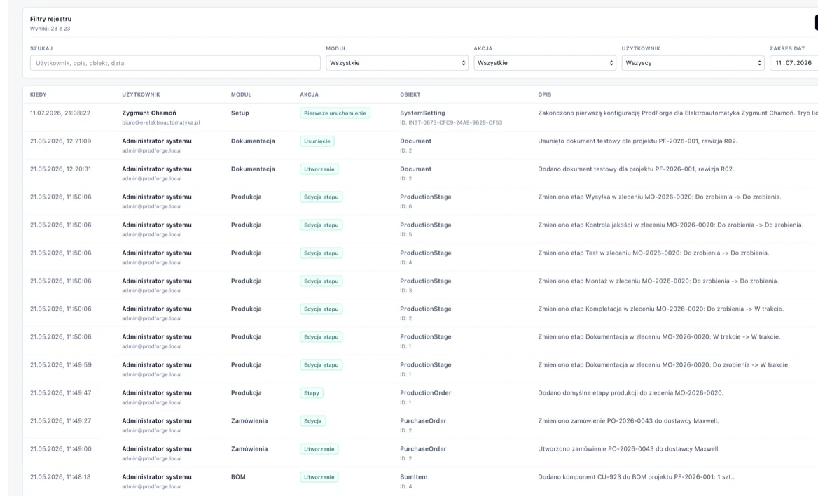 Logi systemowe w ProdForge