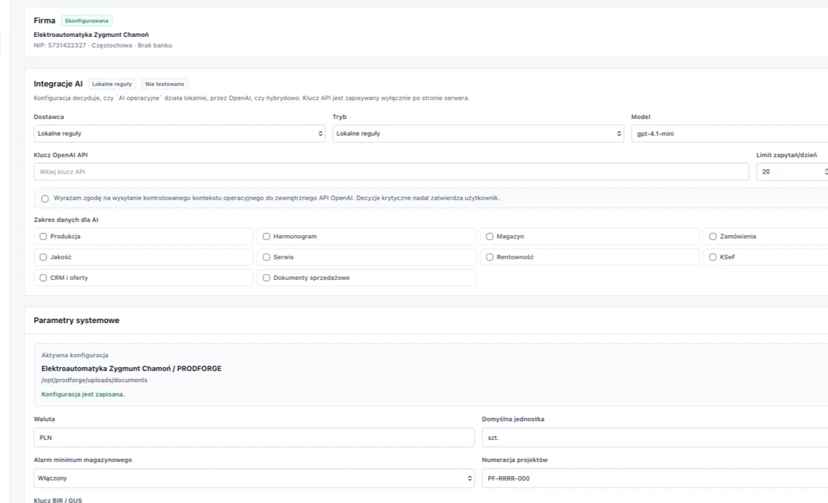 Ustawienia systemu ProdForge