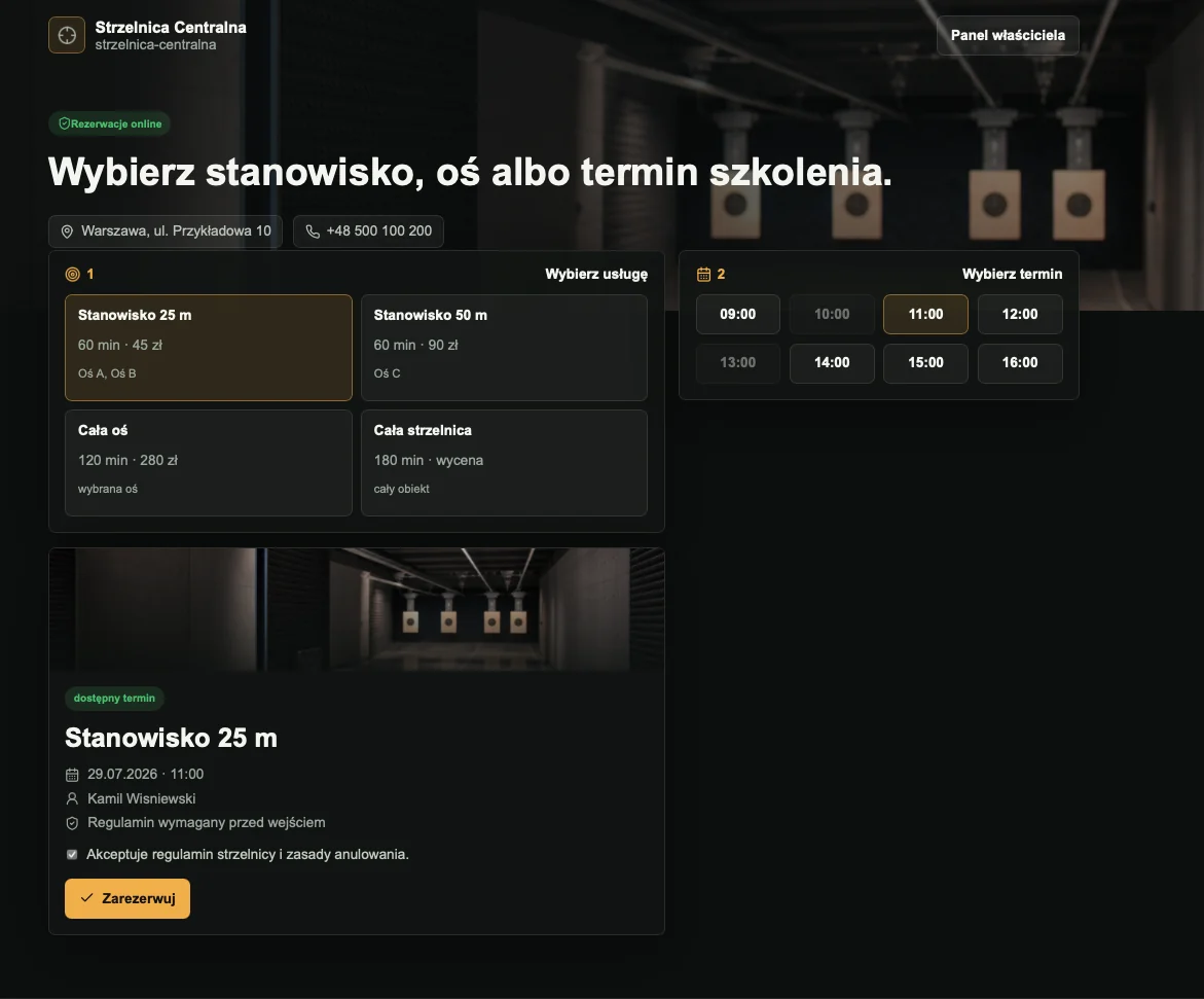 Publiczna strona rezerwacji RangeBook z wyborem stanowiska i terminu