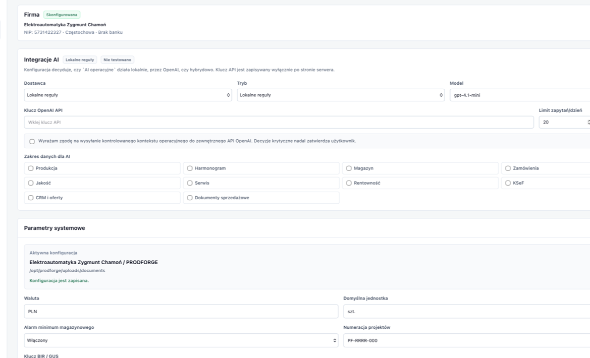 Ustawienia systemu ProdForge