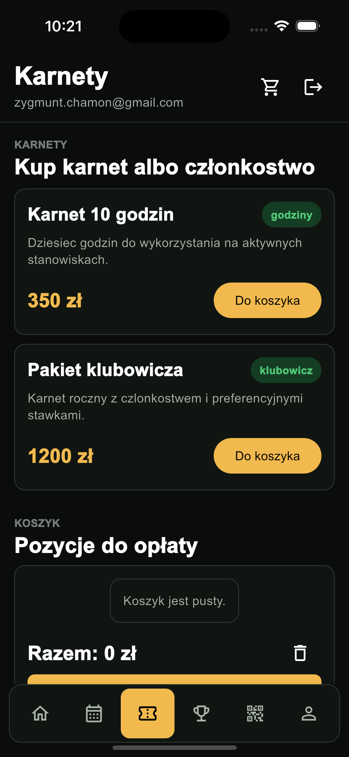 Aplikacja mobilna RangeBook z karnetami i koszykiem