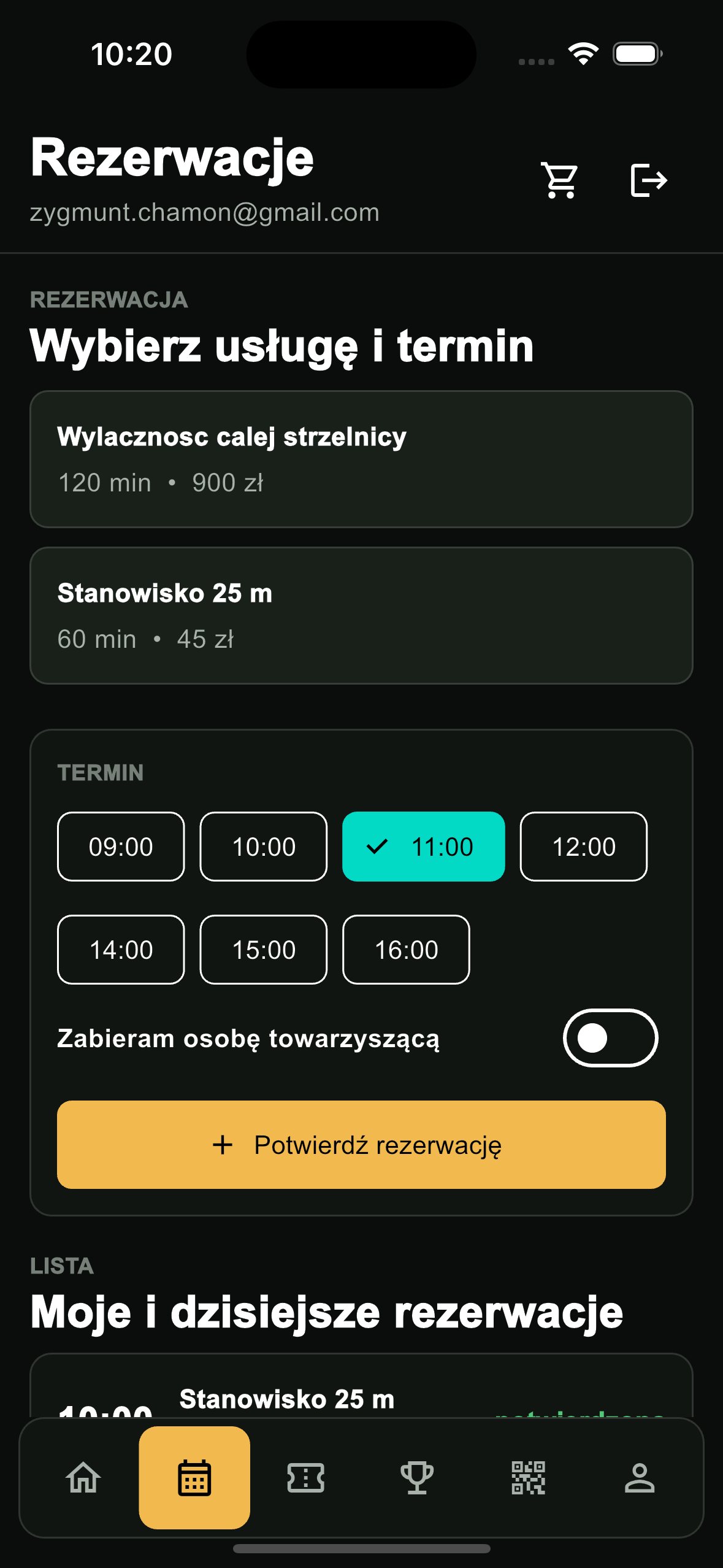 Aplikacja mobilna RangeBook z wyborem usługi i terminu