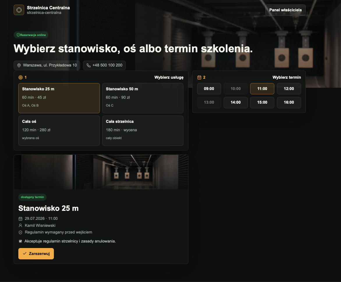 Publiczna strona rezerwacji RangeBook z wyborem stanowiska i terminu
