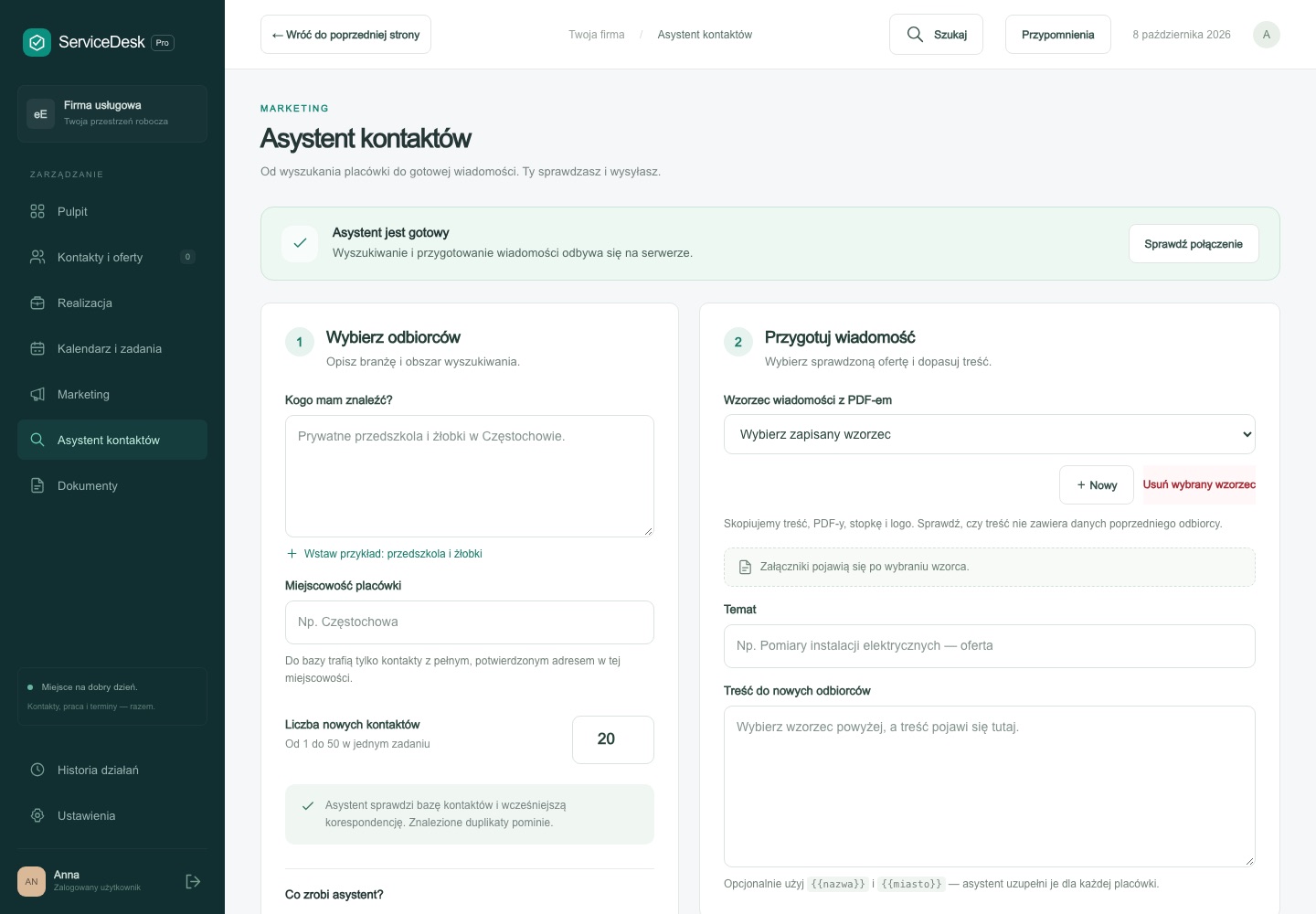 Asystent kontaktów ServiceDesk Pro: wybór odbiorców i przygotowanie wiadomości