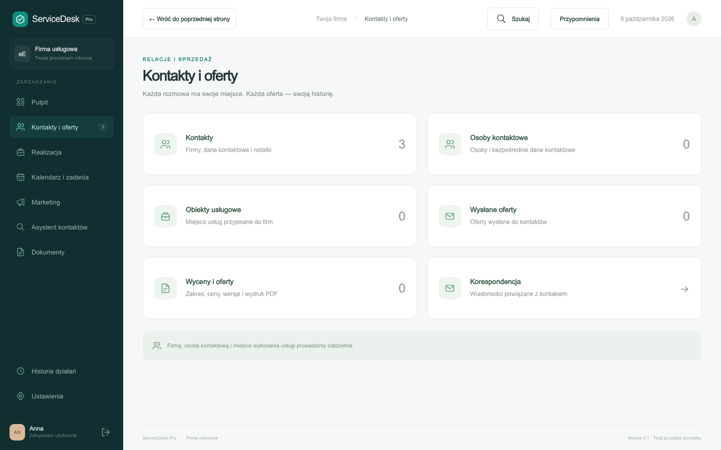 Menu kontaktów i ofert w ServiceDesk Pro