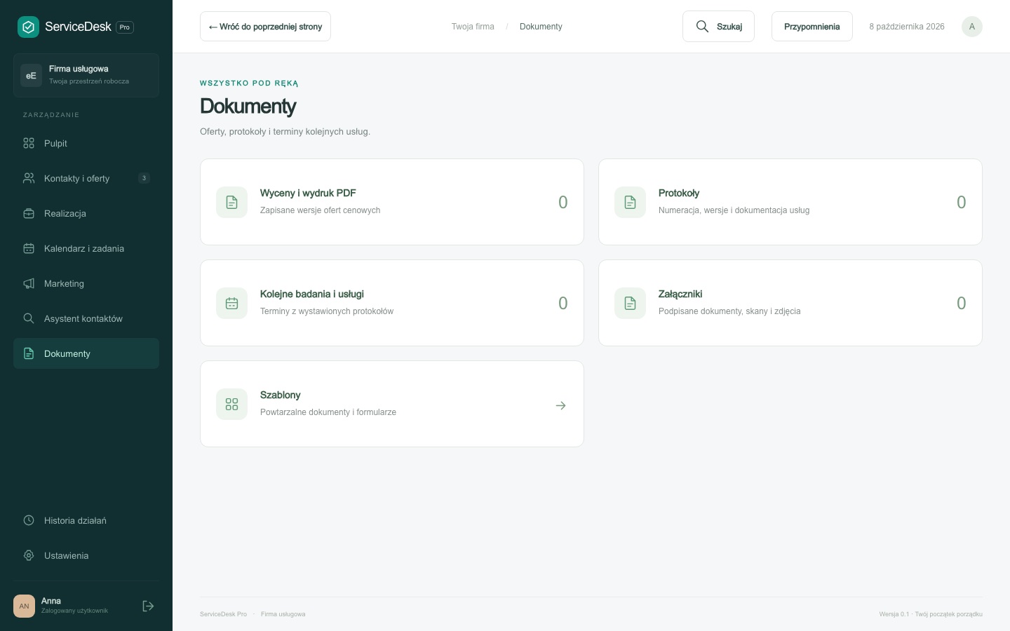 Menu dokumentów w ServiceDesk Pro