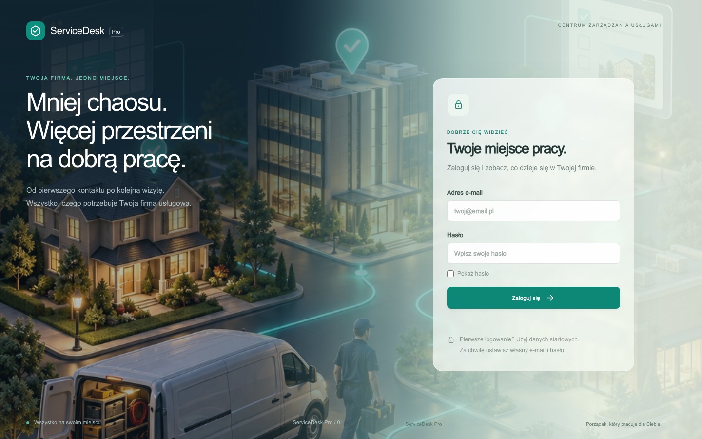 Ekran logowania ServiceDesk Pro z ilustracją pracy firmy usługowej