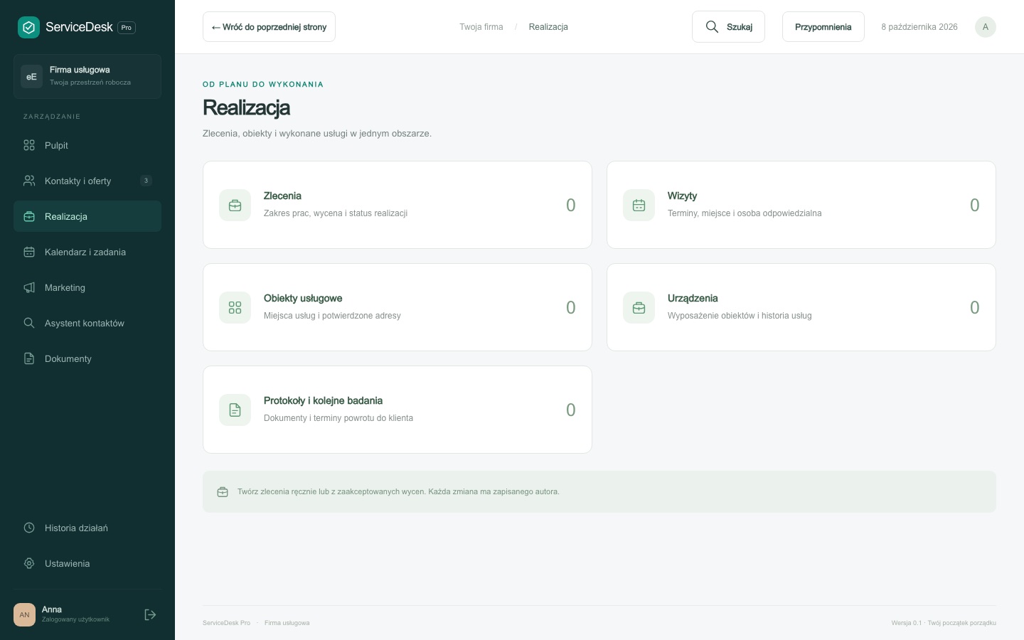 Menu realizacji w ServiceDesk Pro