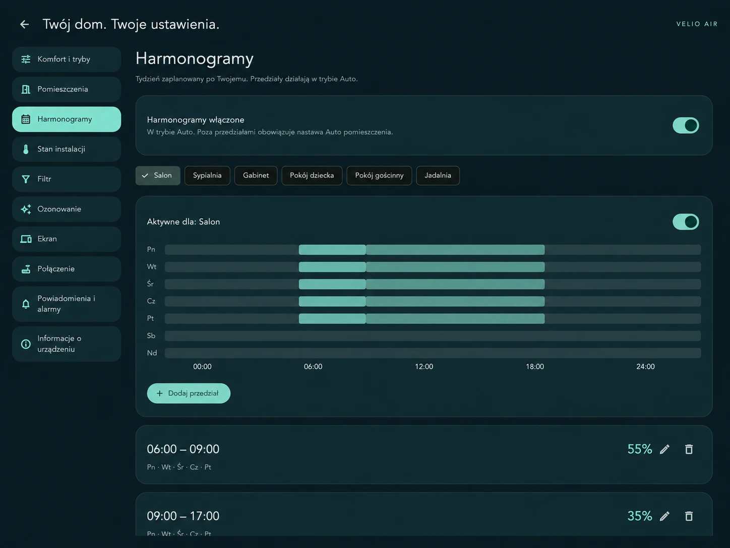 Ustawienia harmonogramów nawiewu w VELIO Air