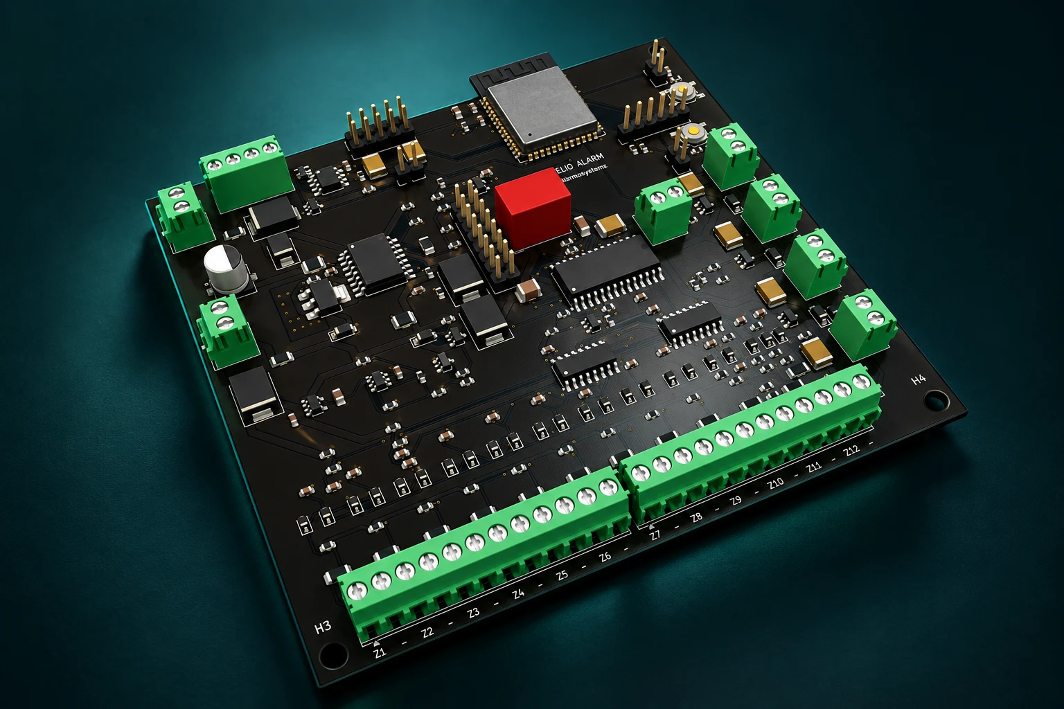 Wizualizacja płytki PCB VELIO Alarm: czarna płytka, zielone zaciski, moduł radiowy i układy elektroniczne