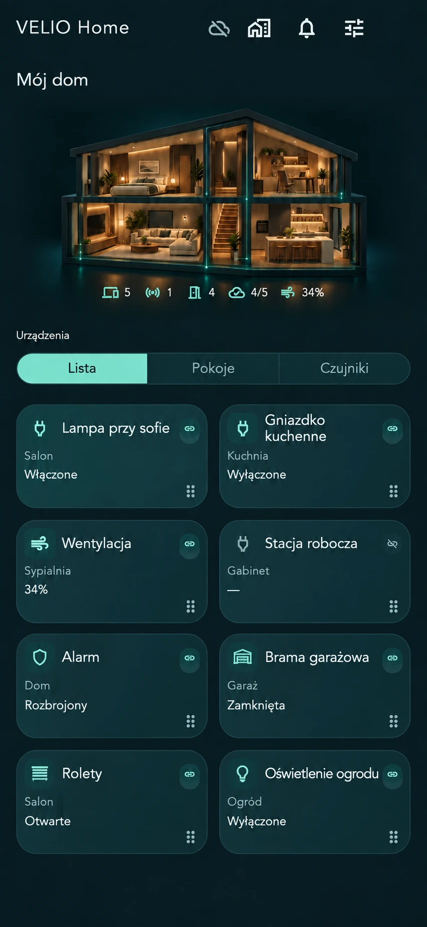 Wizualizacja VELIO Home na telefonie z ośmioma kartami urządzeń
